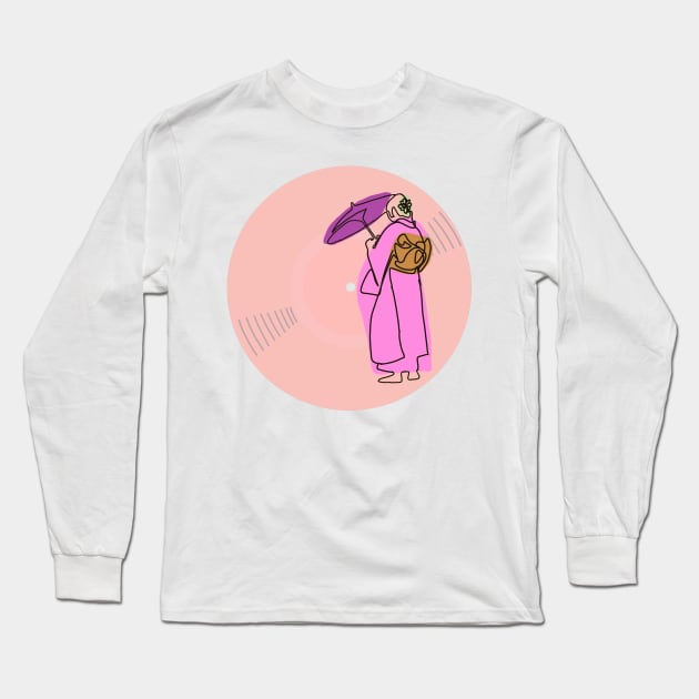 Vinyl - Japanese woman in a kimono minimalist line art (pink) Long Sleeve T-Shirt by SwasRasaily